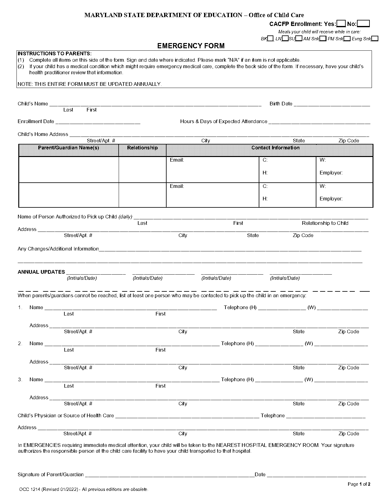 childcare pick up list template