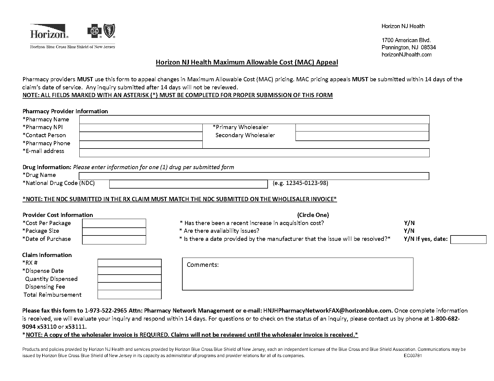 horizon nj health form