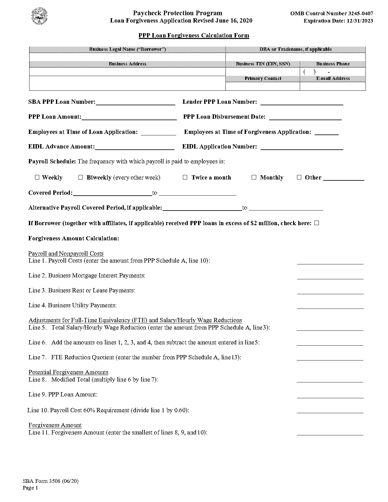 ppp loan form application