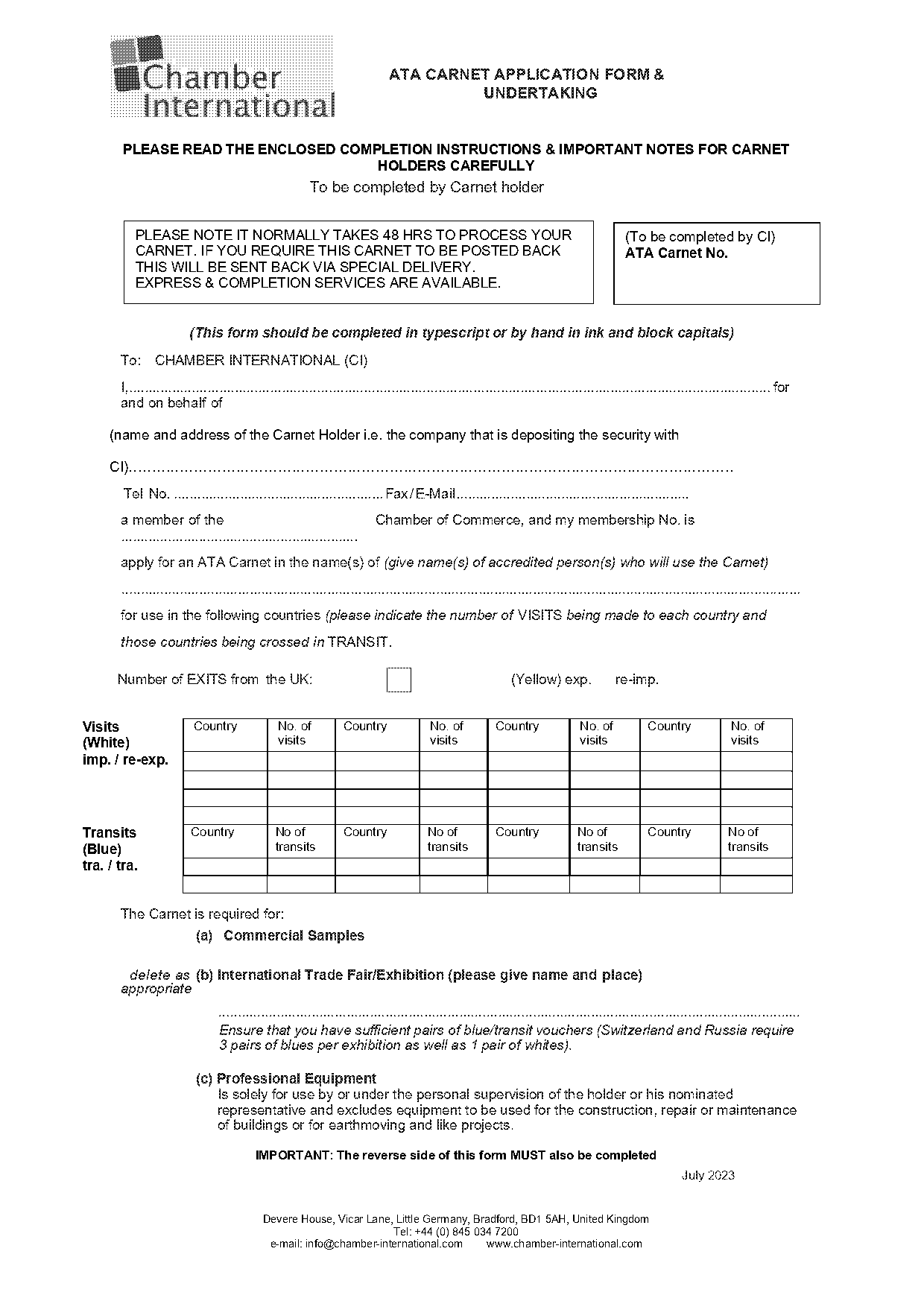 ata carnet application form and undertaking