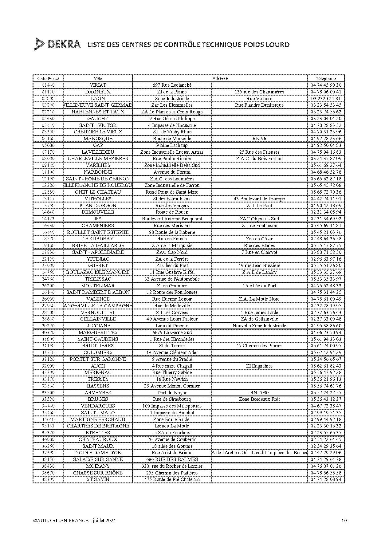 dekra controle technique tarif