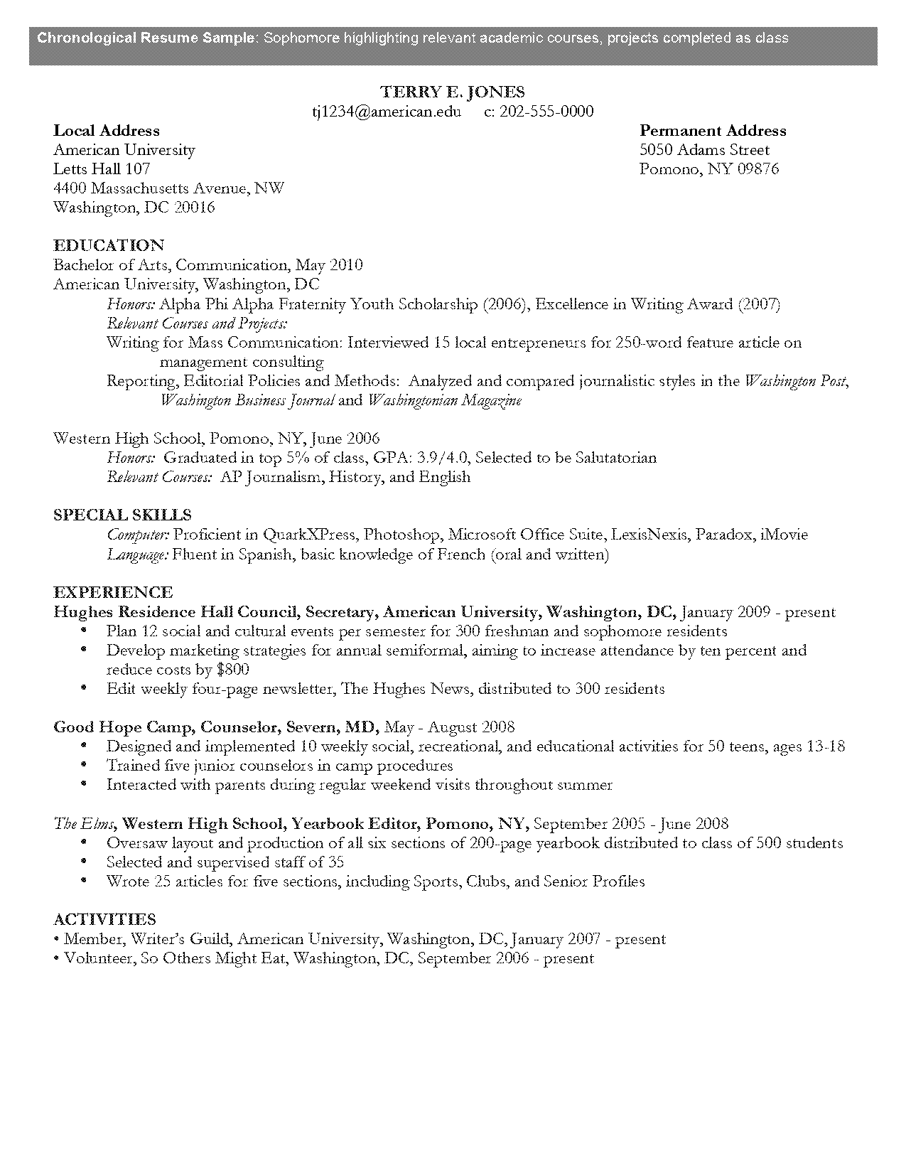 resume samples graduate student