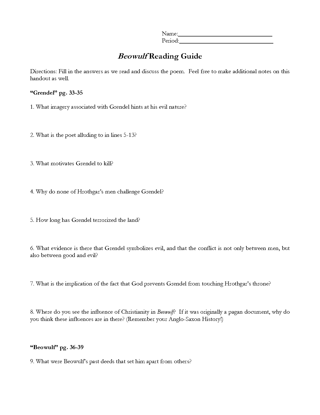 beowulf reading worksheet answers