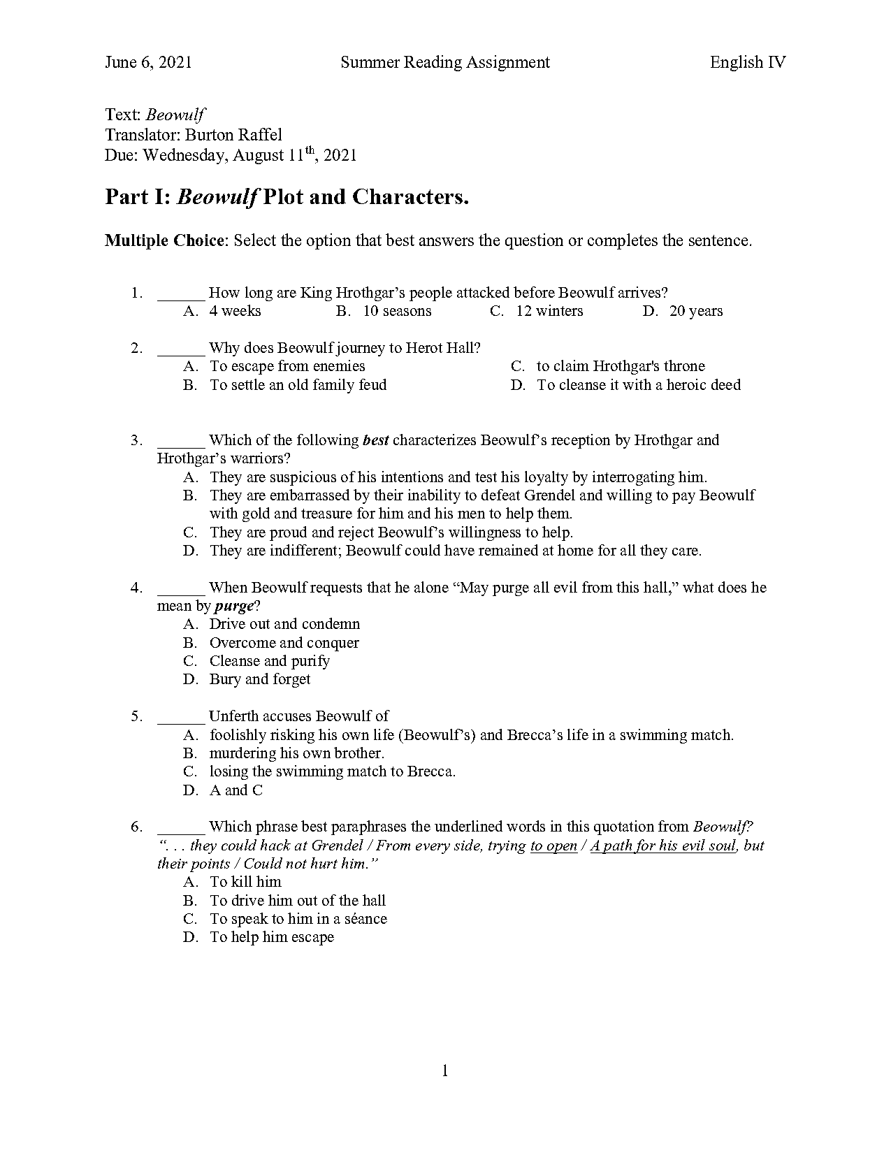 beowulf reading worksheet answers