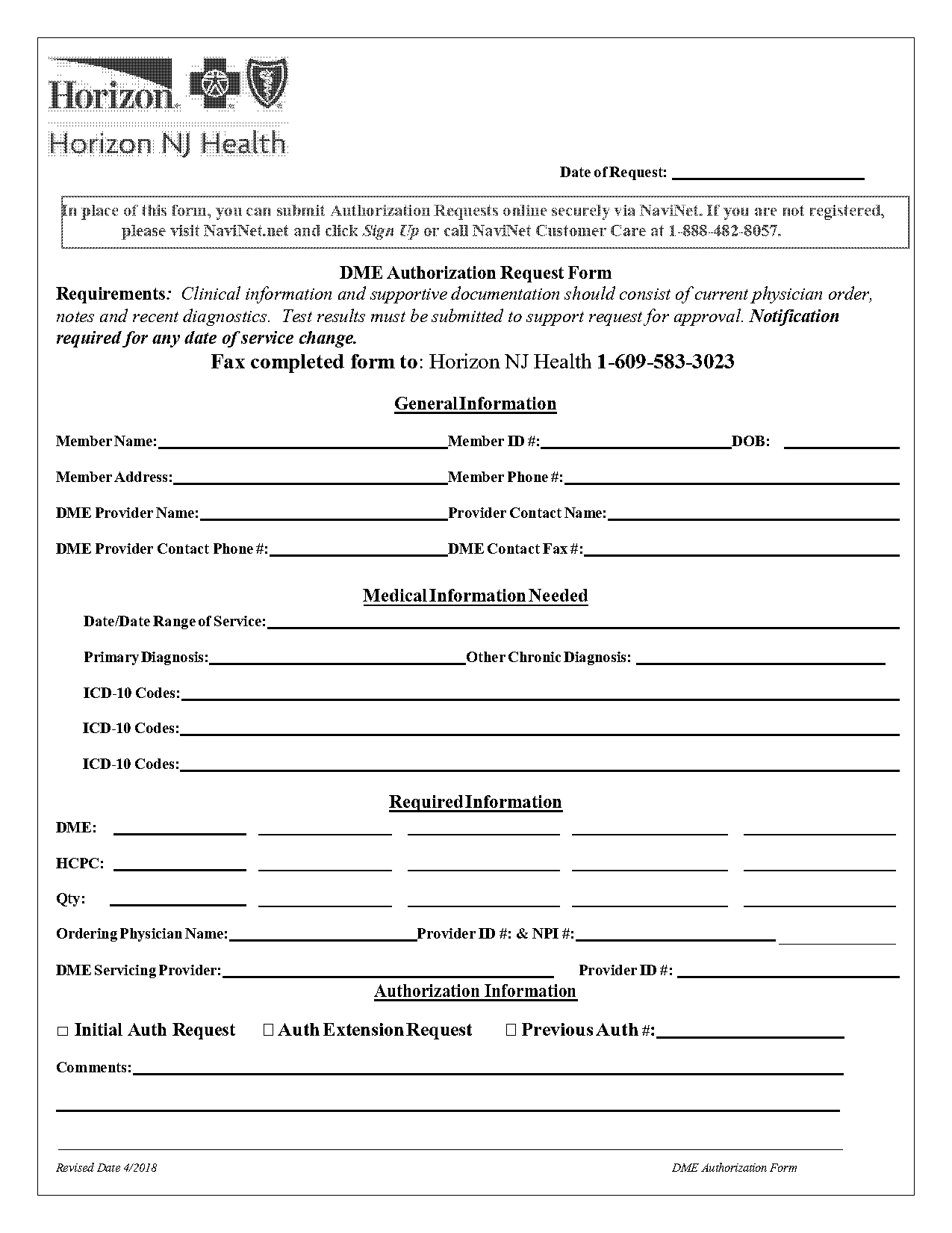 horizon nj health form