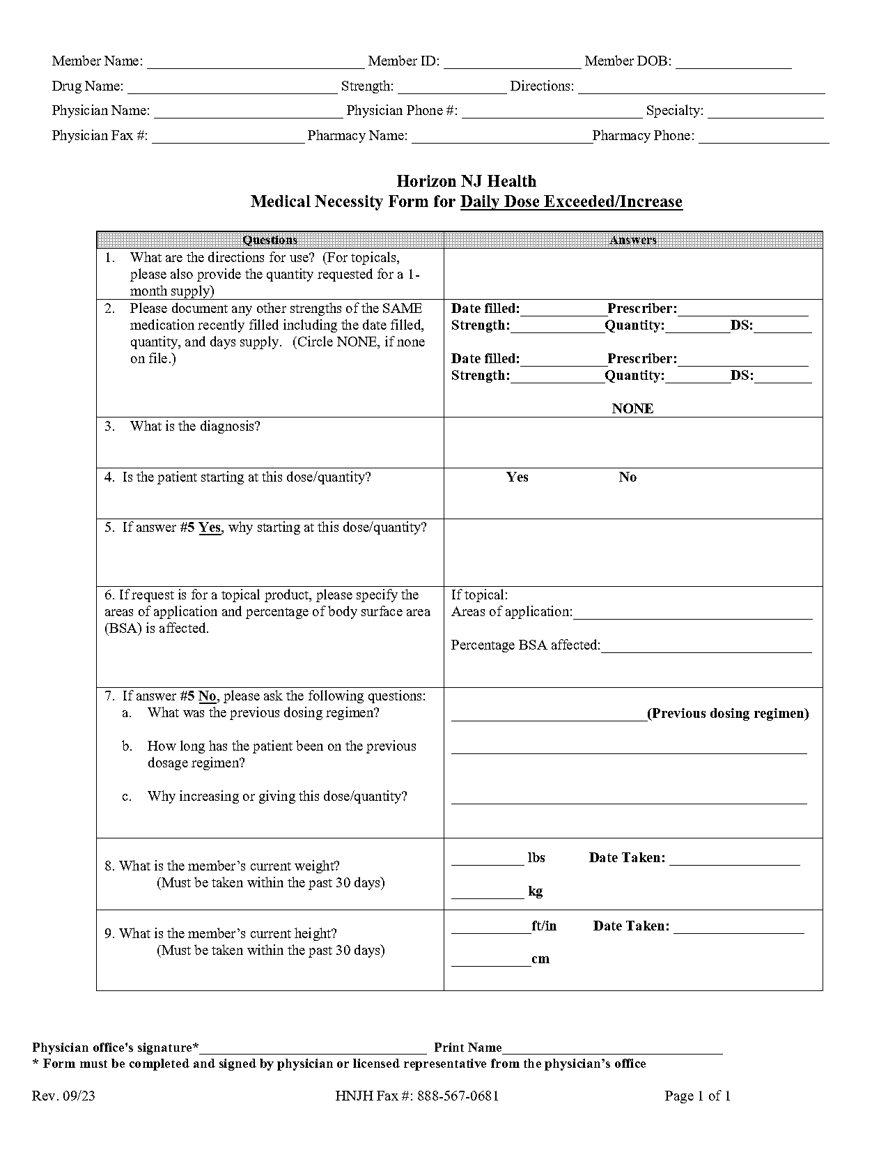 horizon nj health form