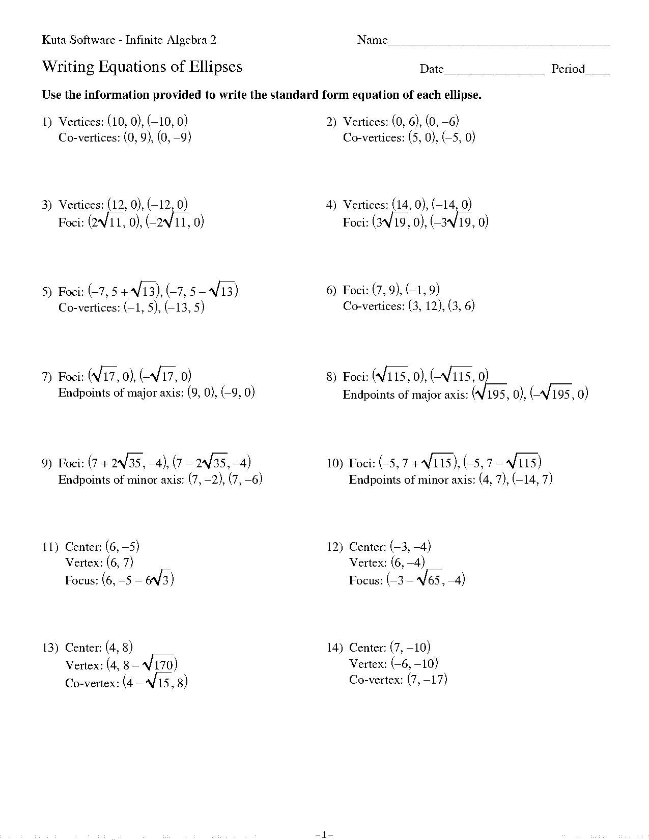 standard form equation of an ellipse with a vertices of