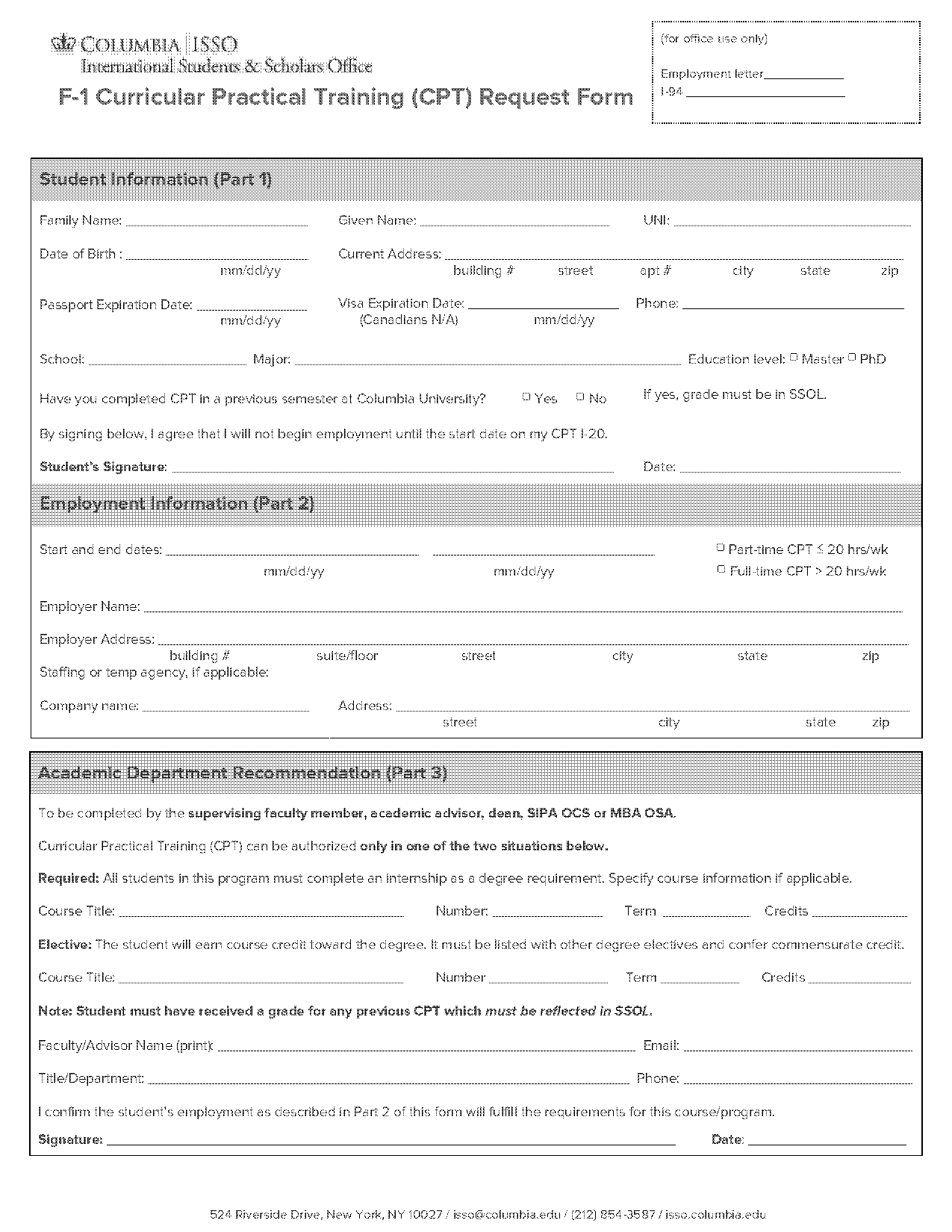 cpt request form columbia