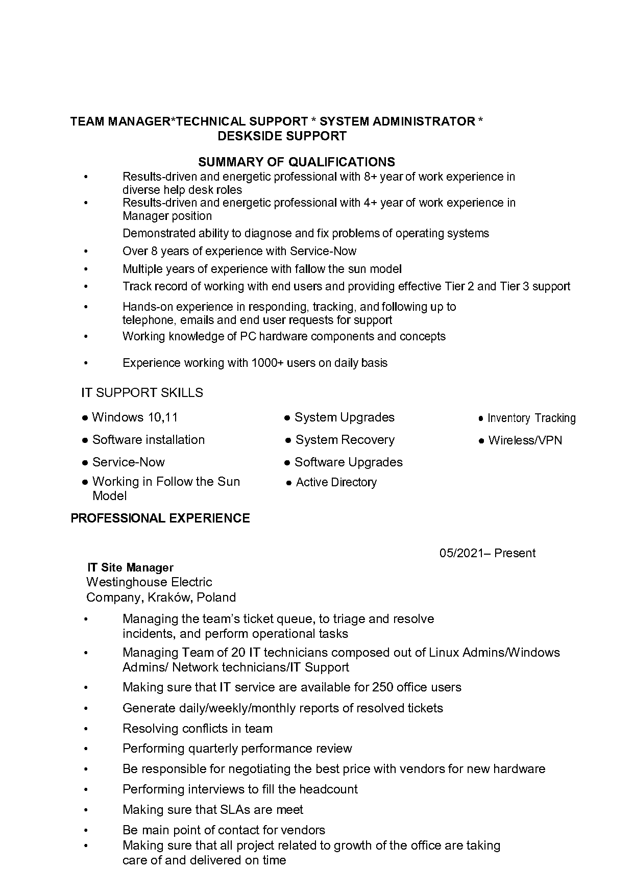 desktop support office resume