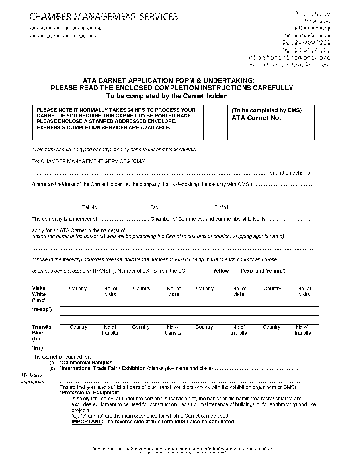 ata carnet application form and undertaking