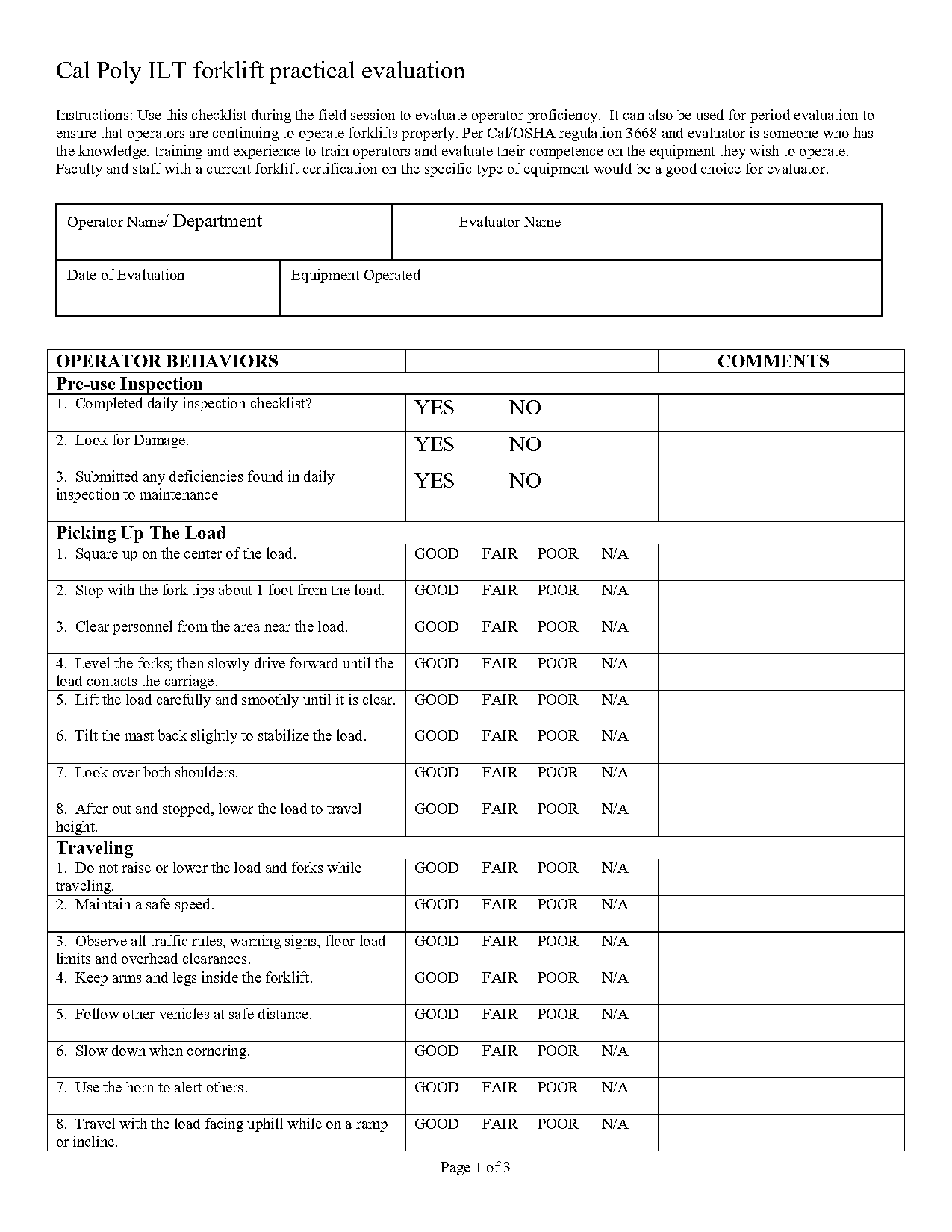 forklift operator evaluation form