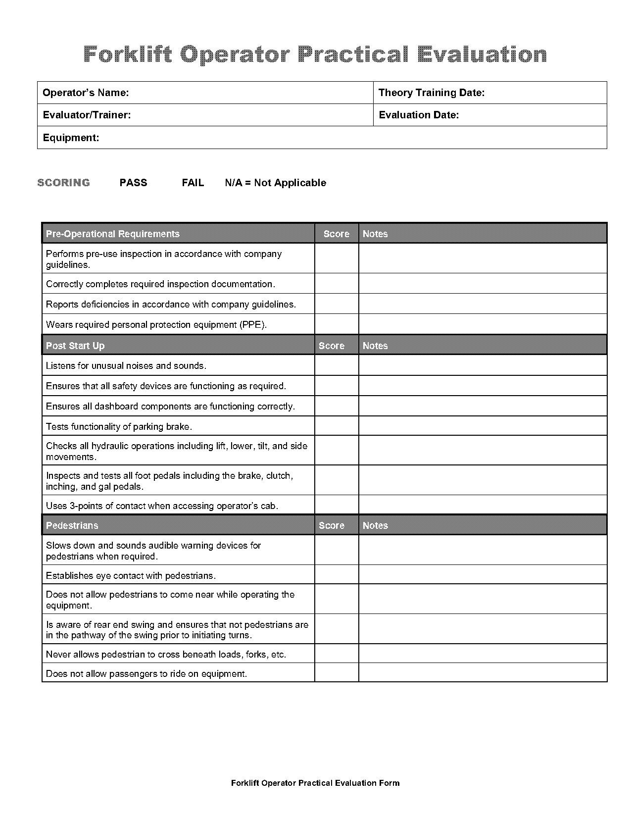 forklift operator evaluation form