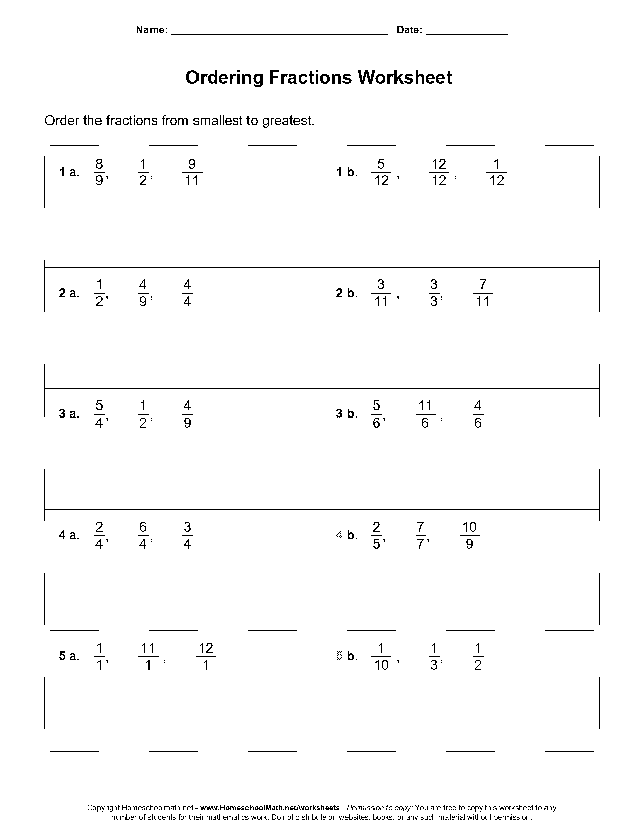 comparing and ordering fractions worksheet