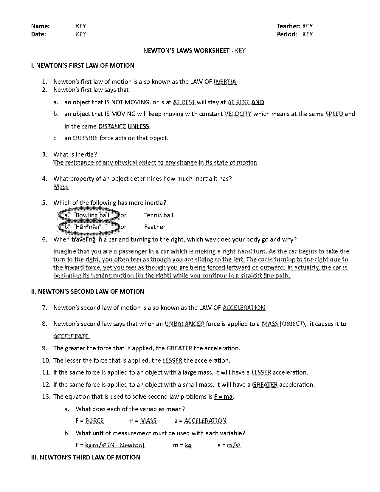 newtons laws worksheet answer key