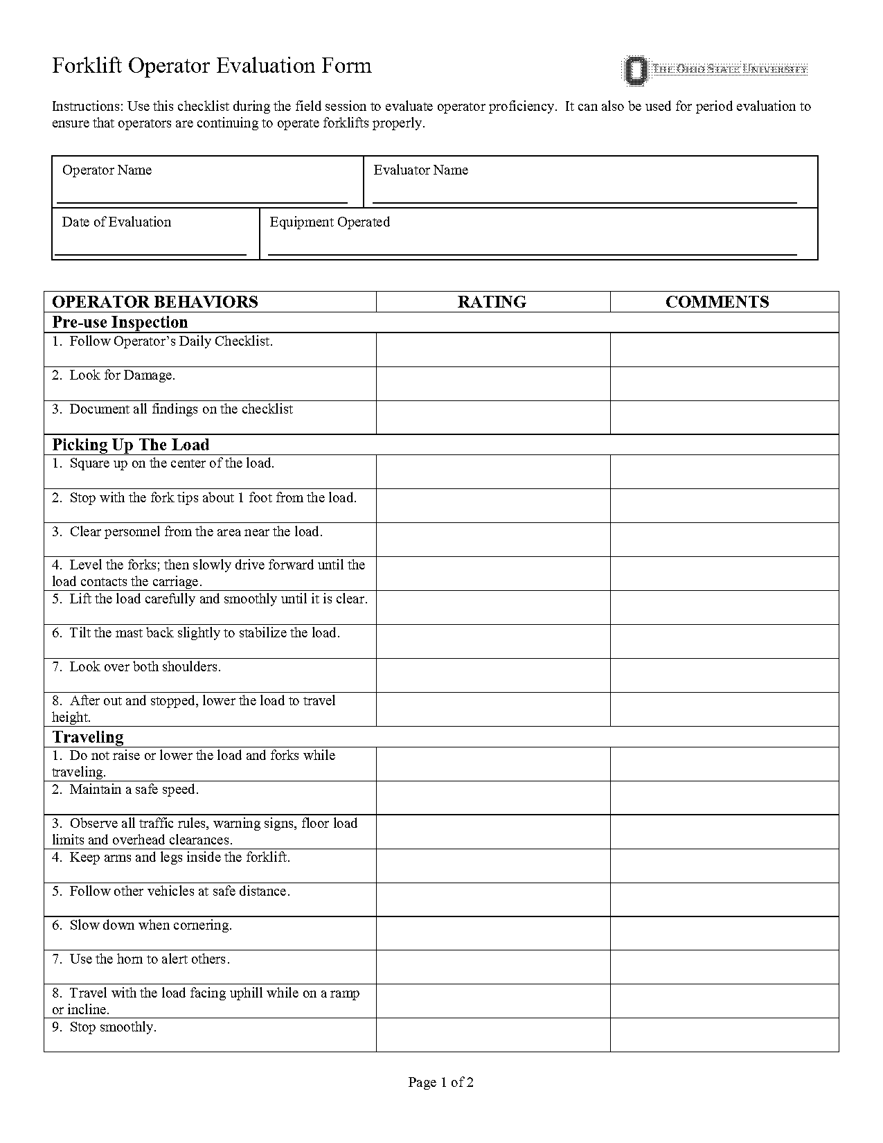 forklift operator evaluation form