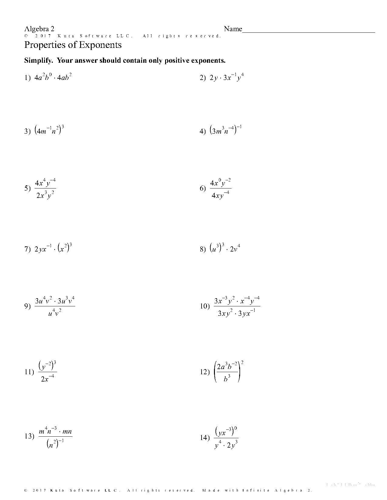 properties of exponents worksheet with answers