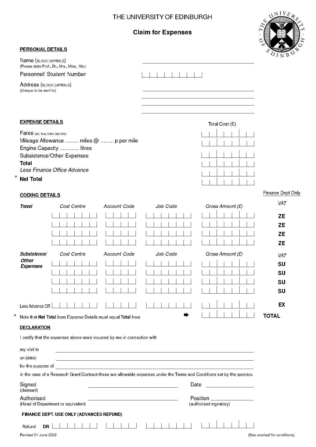 edinburgh forms expenses claim form