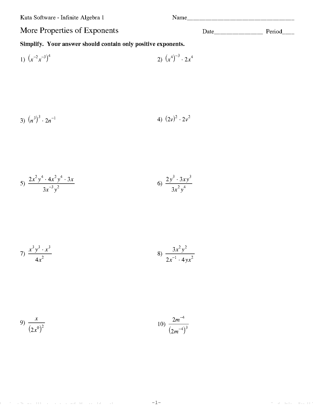 properties of exponents worksheet with answers